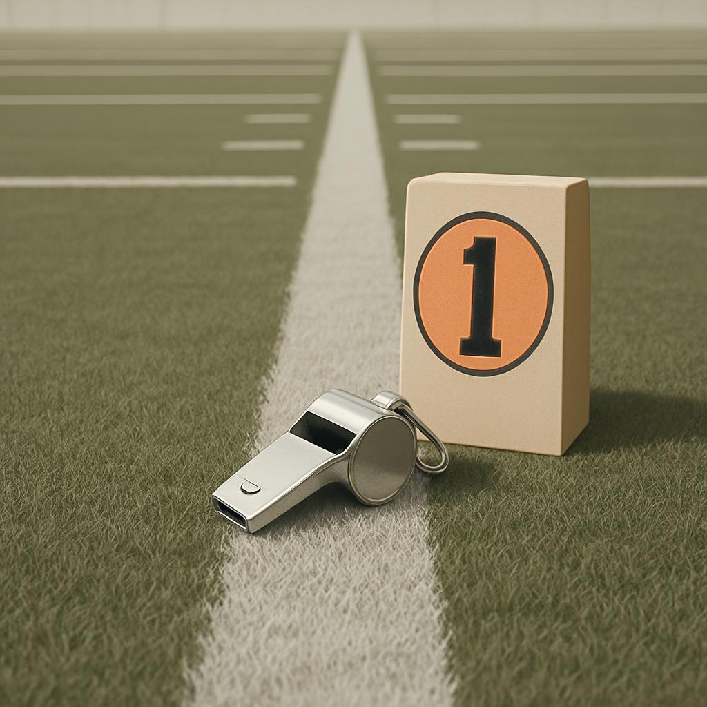 A football field with a whistle and a number 1 on the sideline.