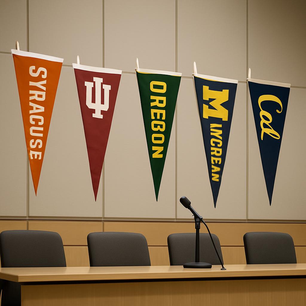 Collegiate pennants hang in an auditorium: - Hanging from an unseen line between two surrounding holes are pennants for se...