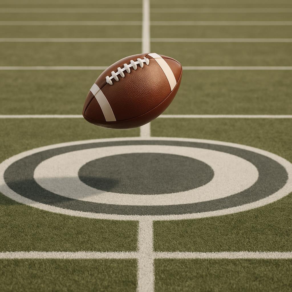 The football is floating above the center of a football field start line.
